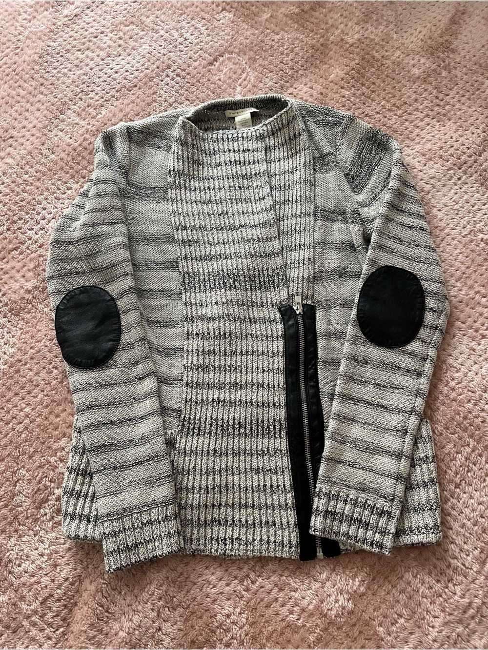 White + Warren Stripped Moto Knit Jacket/Sweater w/ faux-leather detail S